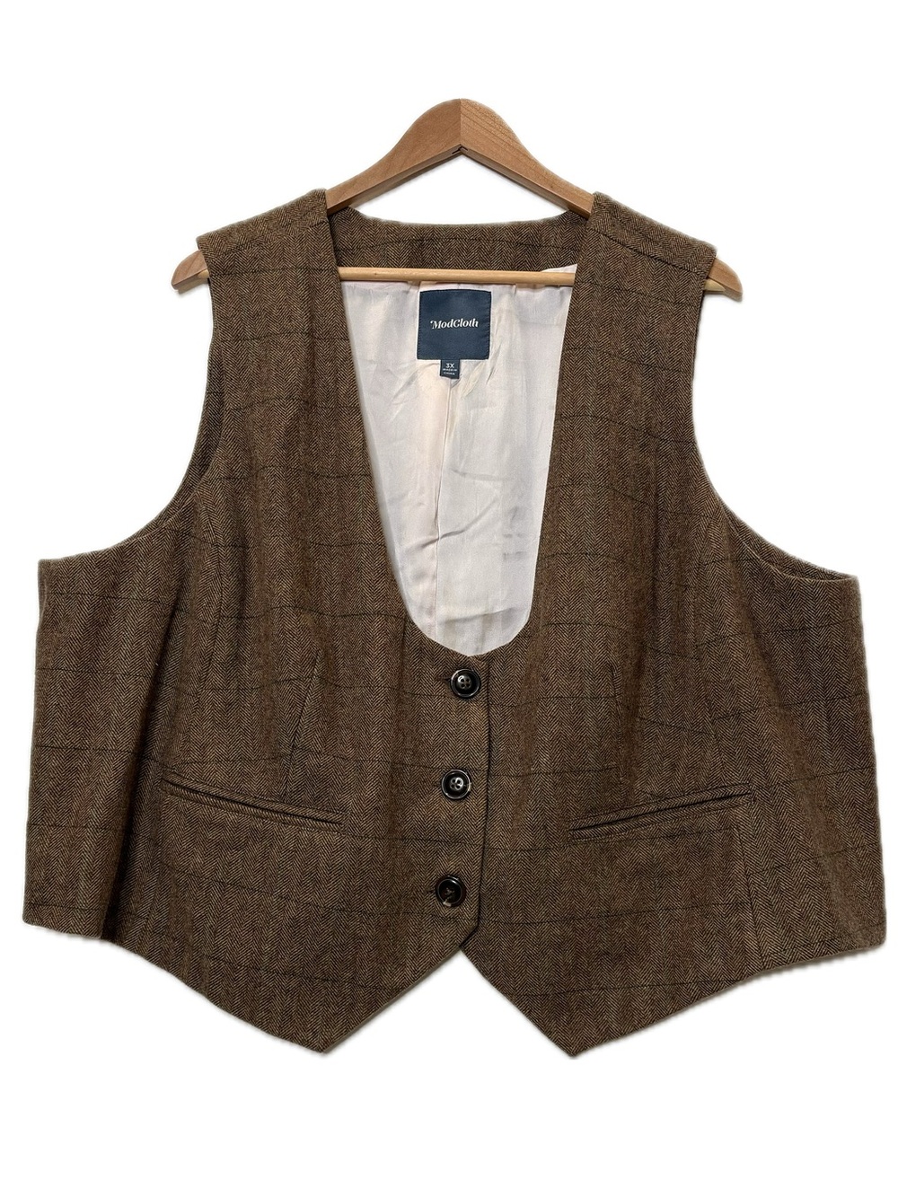 Modcloth Herringbone Plaid Wool Blend Cropped Vest Womens Size 3X Brown Menswear